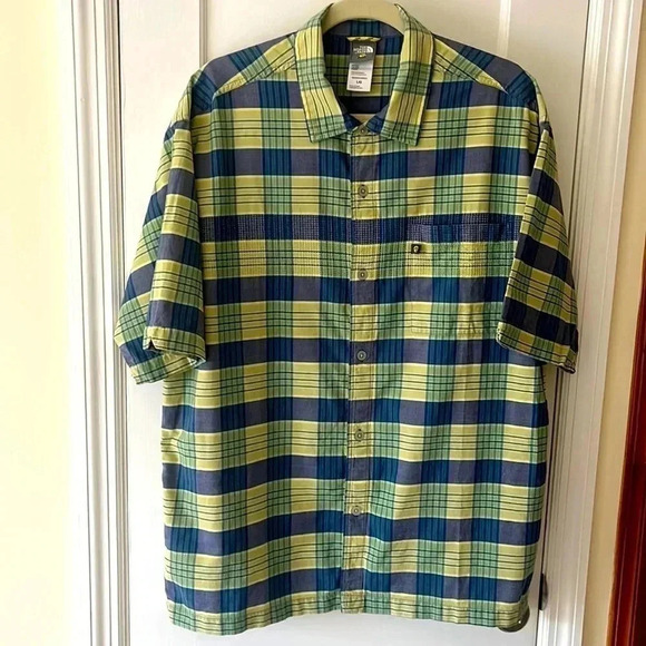 North Face 100% Cotton A5 Series Plaid Button Down Shirt Large Blue Green Camp - Picture 1 of 17
